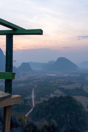 nam xay view point, top of a hill, during sunrise, in Vang Vieng, Laos.の写真素材