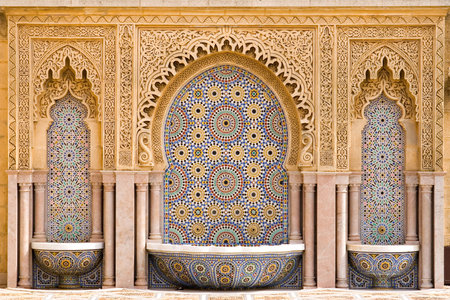 Typical Moroccan tiled fountain in the city of Rabat, near the Hassan Towerの写真素材
