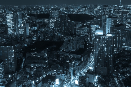 The cityscape of Tokyo at night in cold blue tones.の写真素材