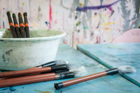 Art supplies in an art classroom の写真素材