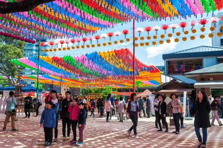 Colorful paper lanterns are strung up around Jogyesa Temple in honor of Buddha's Birthday on May 5, 2014 in Seoul, South Korea.のeditorial素材