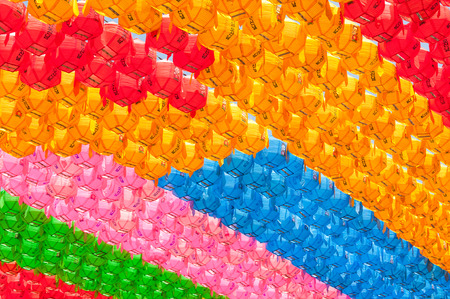 Colorful paper lanterns are strung up around Jogyesa Temple in honor of Buddha's Birthday on May 5, 2014 in Seoul, South Korea.のeditorial素材