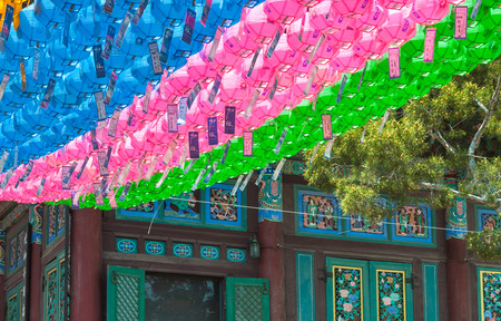 Colorful paper lanterns are strung up around Jogyesa Temple in honor of Buddhaのeditorial素材