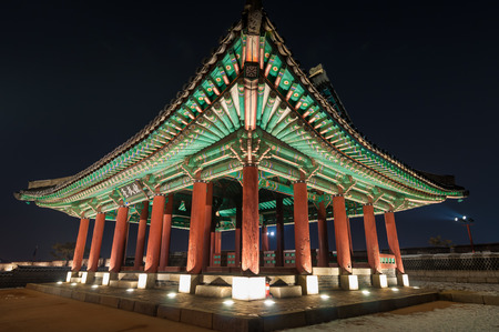 Hwaseong Fortress in Suwon, South Korea, lit up at night のeditorial素材