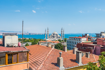 Looking out across the rooftops of Istanbul with the Blue Mosque in the distance の写真素材