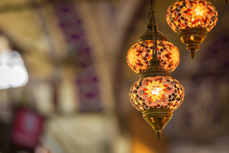Multi-colored lamps hanging at the Grand Bazaar in Istanbul.の写真素材