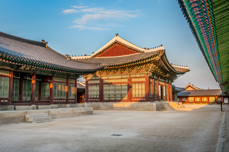 Traditional Korean architecture at Gyeongbokgung Palace in Seoul, South Korea.のeditorial素材