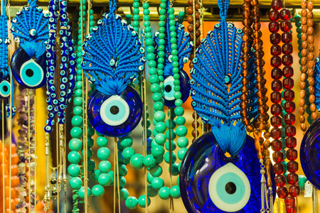 All-seeing-eye pendants for sale at the Grand Bazaar in Istanbul, Turkey.の写真素材