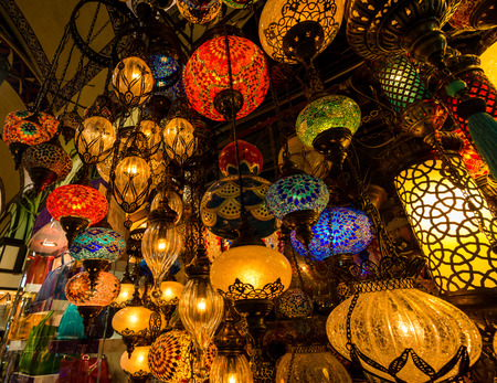 Multi-colored lamps hanging at the Grand Bazaar in Istanbul.の写真素材
