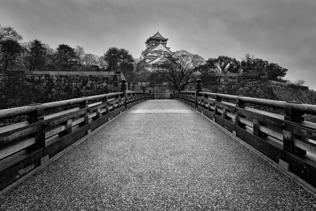 Black and white of Osaka Castle on a gloomy morning.のeditorial素材