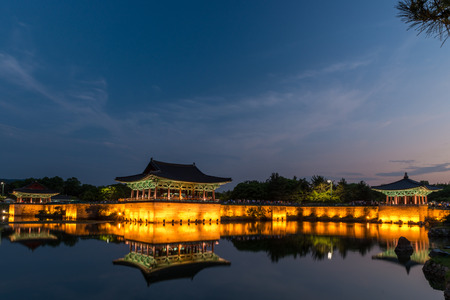 The pavilions of Anapji Pond lit up as evening comes on in Gyeongju, South Korea.のeditorial素材