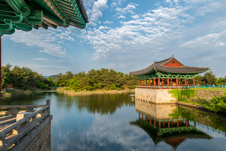 The pavilions of Anapji Pond reflected in the water in Gyeongju, South Korea.のeditorial素材
