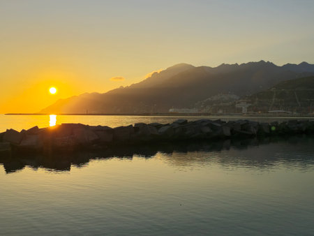 Sunset at the port of Sorrento, Campania, Italyの写真素材