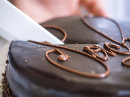 close-up of a cut of sacher torte.の写真素材