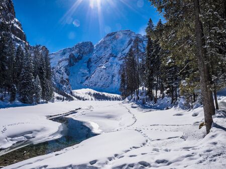 beautiful panorama of Lake of braies in the Dolomites.の写真素材