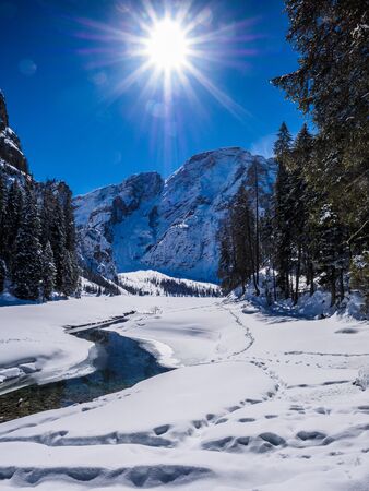 beautiful panorama of Lake of braies in the Dolomites.の写真素材