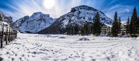 beautiful panorama of Lake of braies in the Dolomites.の写真素材