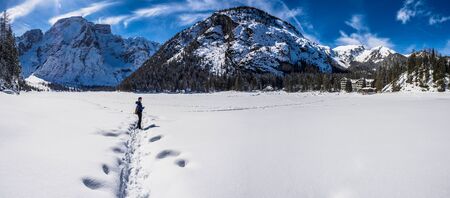 beautiful panorama of Lake of braies in the Dolomites.の写真素材