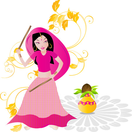 Indian traditional girl playing Dandiya Garba Danceのイラスト素材