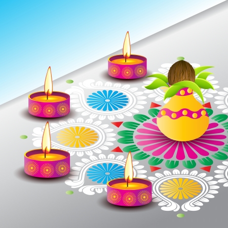 Diwali Diyas surrounding kalash and rangoliのイラスト素材