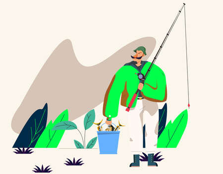 you can use Fisherman standing in bucket full of fish to design banners, posters, backgrounds,..etc.