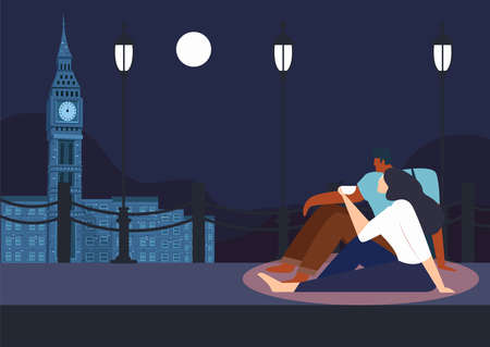 you can use Couples sitting together looking at the moon to design banners, posters, backgrounds,..etc.のイラスト素材
