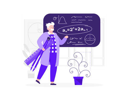 Teacher. Elderly male teacher stand on lesson at the blackboard in classroom. Professor showing...