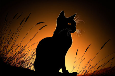 Silhouette of cat standing in grass field