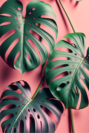 Green leaves monstera on pink backgroundの写真素材