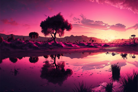 Futuristic altered hue sunset with black and pink coloured backgroundの写真素材