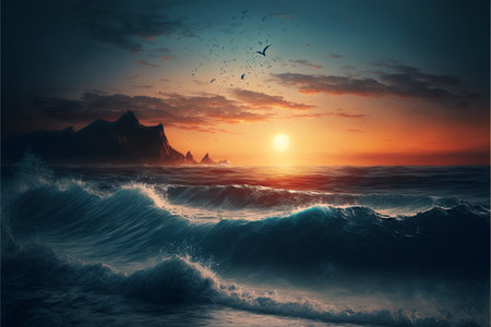 Ocean Sunset Sun Water Wavesの写真素材