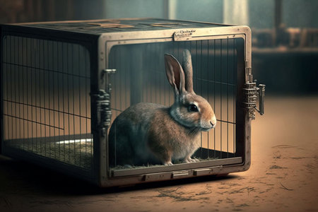 Brown rabbit in a cageの写真素材