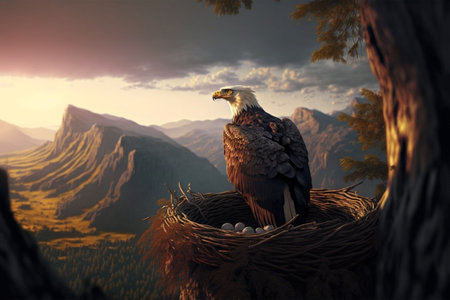 a proud eagle in its nest scouting the beautiful landsの写真素材