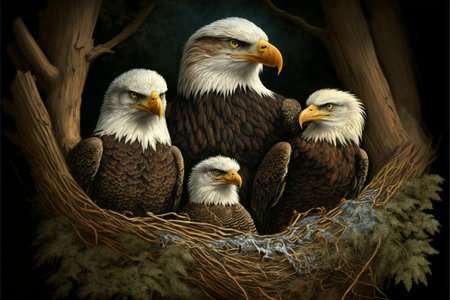Mother Eagle and baby in pine tree nest in the wild