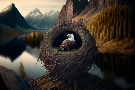 Bald eagle stands guard aloneの写真素材