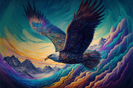 Cute animal little pretty colorful eagle portrait from a splash of watercolor illustrationの写真素材