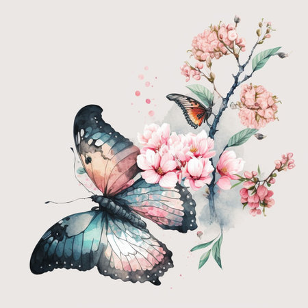butterfly on the branch with pink flowers generative AIの素材