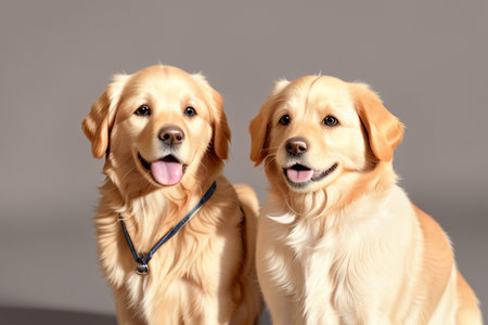 Cute golden retriever dogs on grey background. Studio shot.の素材