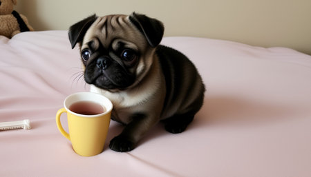 Cute pug puppy with a cup of tea on the bedの素材