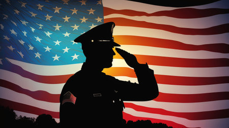 Soldier saluting with american flag in background, AI Generatedの素材