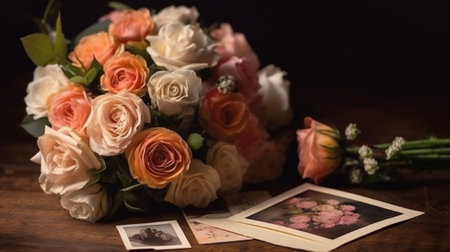 Rose flowers on rustic wooden background, ai generativeの素材