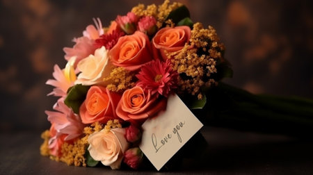 Bouquet of flowers with a love you  card, ai generativeの素材