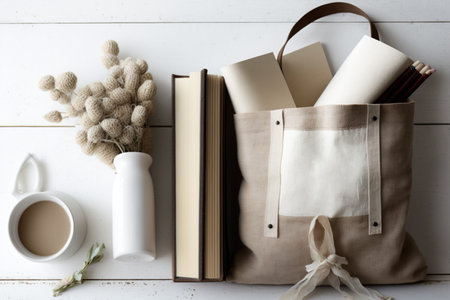 Canvas tote bag mockup, books and coffee theme, AI Generativeの素材