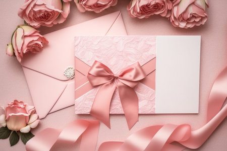Pink envelop with white card and rose, AI Generativeの素材