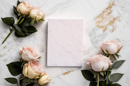Pink flowers and a blank greeting card, AI Generativeの素材