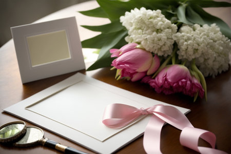 blank card on table with pink flowers and ribbons, AI Generativeの素材