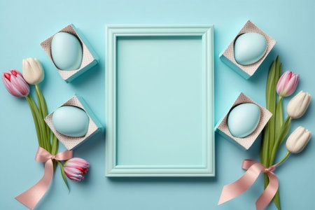 Beautiful tulips flowers and blank frame on pastel blue background, AI Generativeの素材