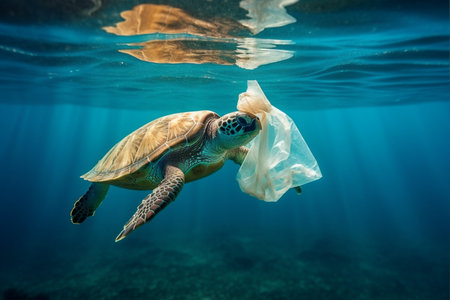 Sea Turtle eat plastic bag ocean pollution concept, AI Generativeの素材