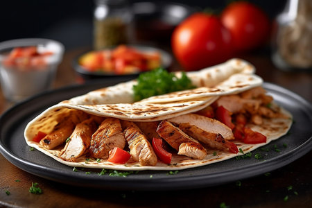 Cooked meat and veggies kebab on skewers with pita, AI Generativeの素材