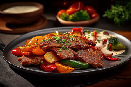 fried meat and vegetables with sauce, AI Generativeの素材